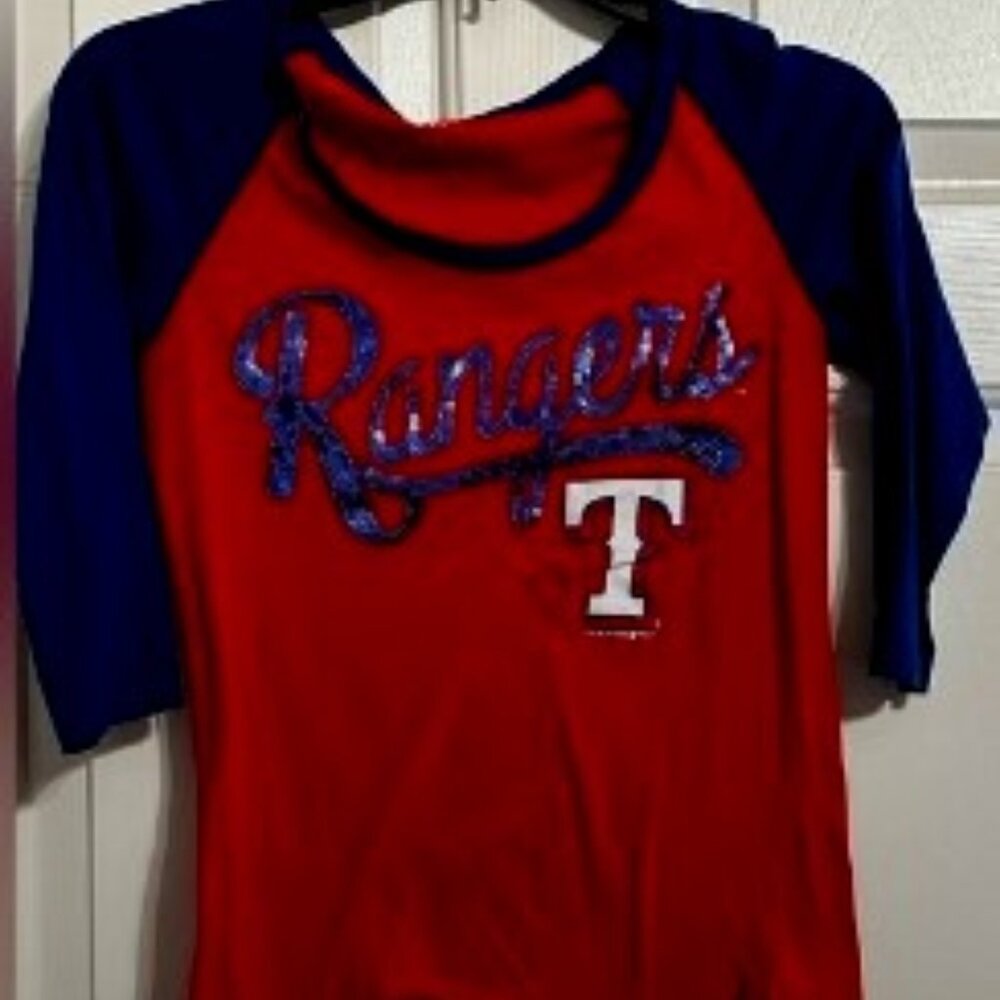 Texas Rangers 3/4 sleeve T-Shirt with blue sequins! Size small